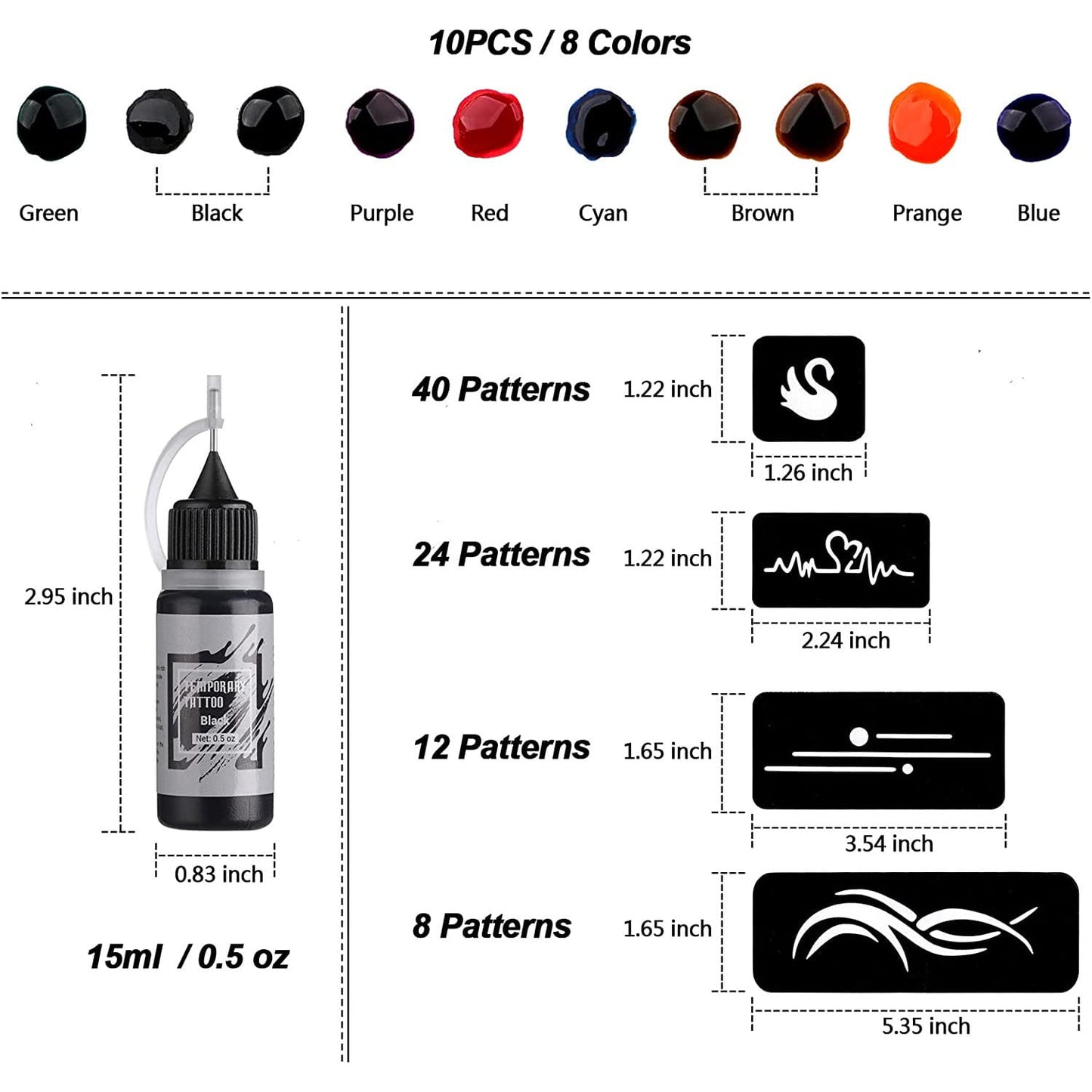 Kit de tatuaje temporare cu 10 sticle de cerneala diferite de 15 ml si 84 sabloane diferite, rezistente la apa, usor de utilizat