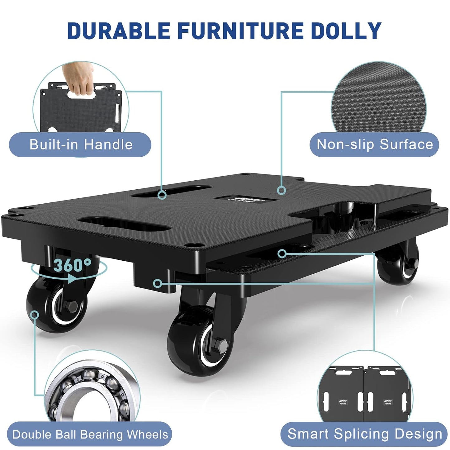 Set 4 carucior transport mobilier, platforma de transport cu roti, sistem de imbinare modular, capacitate totala de pana la 800 kg, cu 8 cordeline elastice, negre