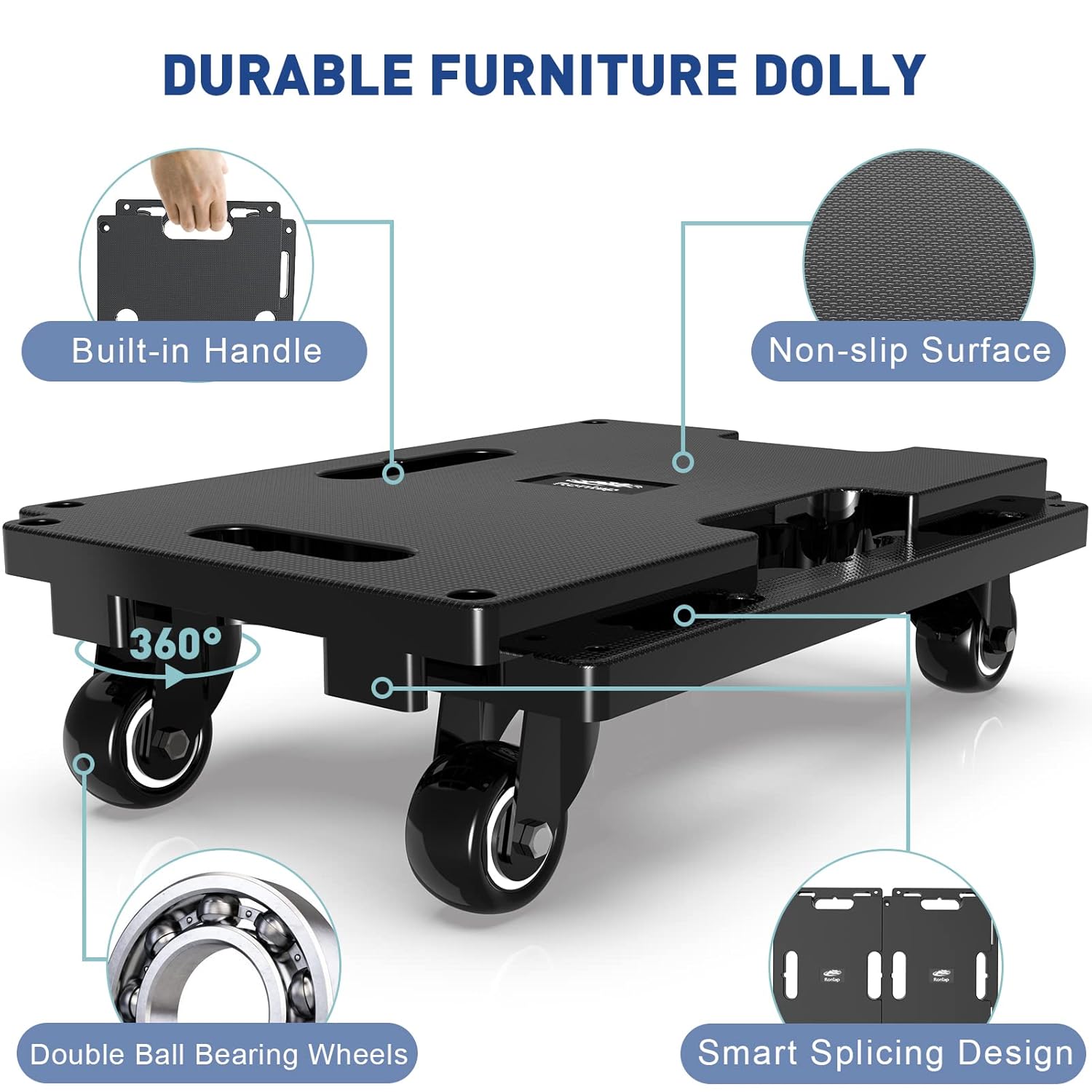 Set 4 carucior transport mobilier, platforma de transport cu roti, sistem de imbinare modular, capacitate totala de pana la 800 kg, cu 8 cordeline elastice, negre