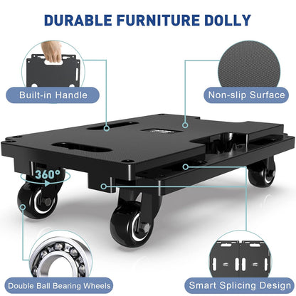 Set 4 carucior transport mobilier, platforma de transport cu roti, sistem de imbinare modular, capacitate totala de pana la 800 kg, cu 8 cordeline elastice, negre