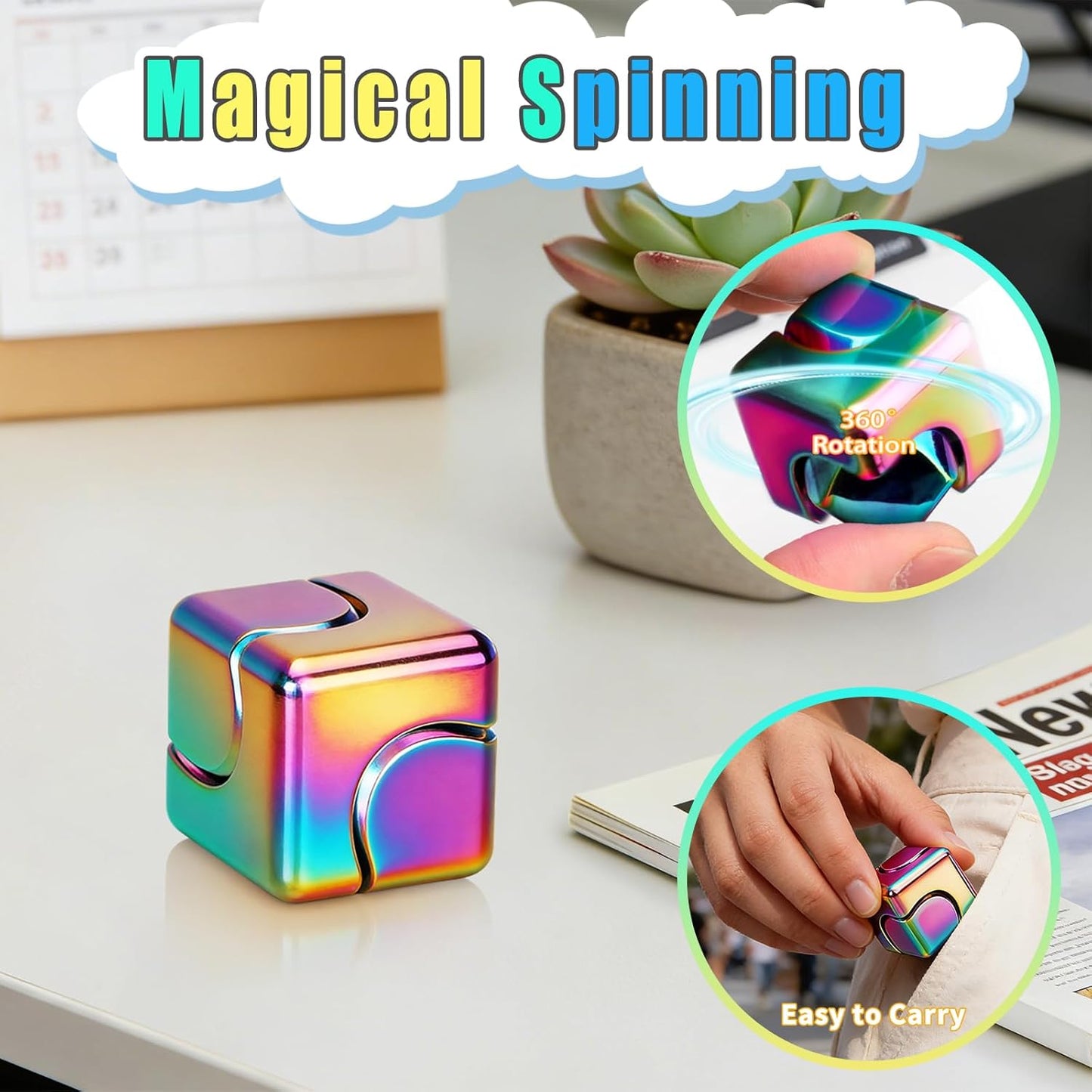 Fidget Spinner cub metalic 2 in 1, jucarie anti-stres pentru copii si adulti, spinner rotativ silentios pentru concentrare si relaxare, 3x3 cm, multicolor
