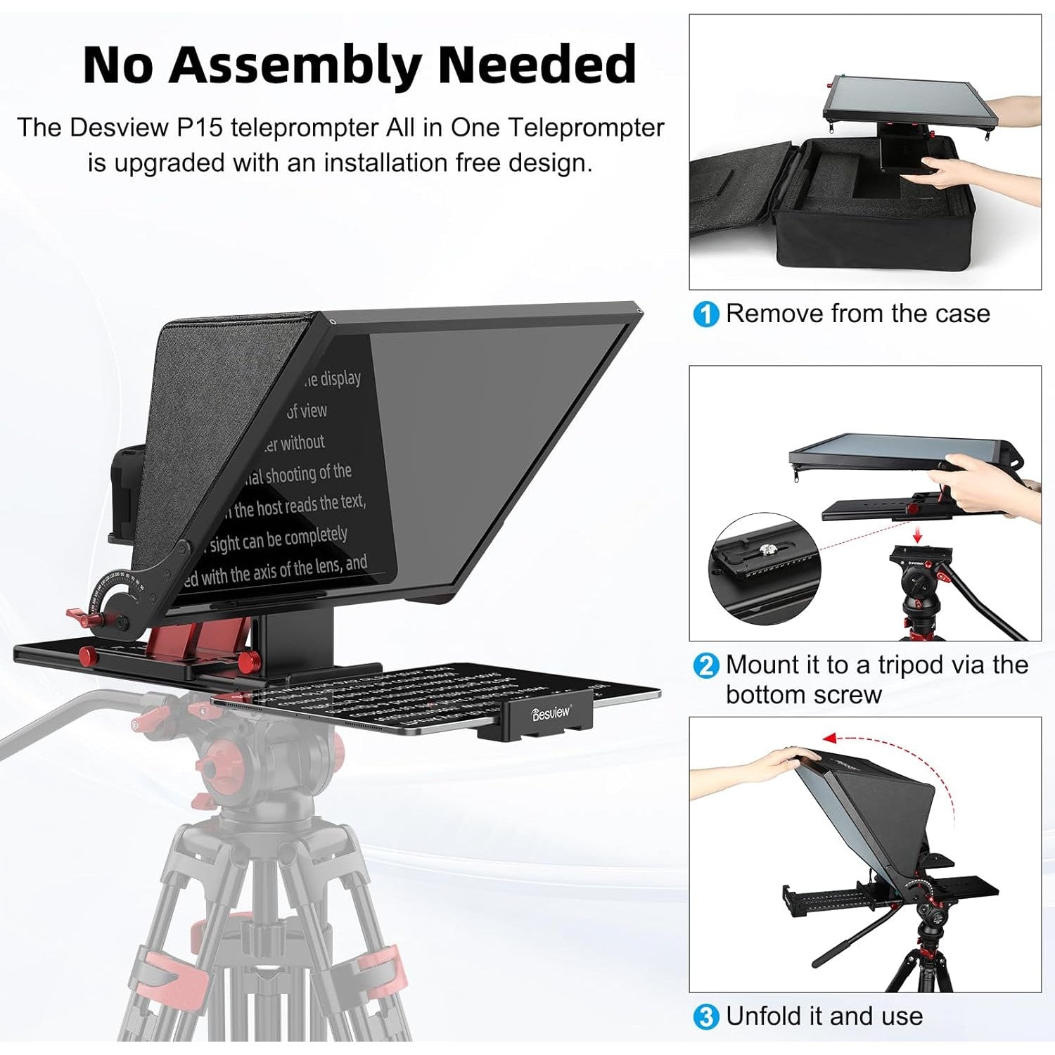 Kit teleprompter de 15 inch, pentru camere DSLR, cu telecomanda, compatibil cu smartphone si tableta pana la 15.3 inch, din metal, din metal, cu montura 1/4 inch si geanta de depozitare si transport