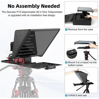Kit teleprompter de 15 inch, pentru camere DSLR, cu telecomanda, compatibil cu smartphone si tableta pana la 15.3 inch, din metal, din metal, cu montura 1/4 inch si geanta de depozitare si transport