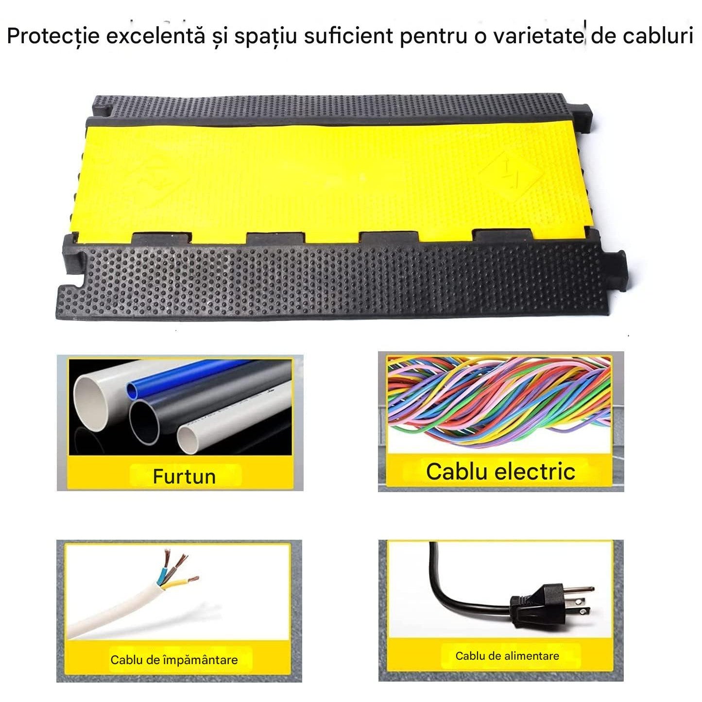 Rampa de protectie cabluri cu 5 canale 91 x 50 x 5 cm, capacitate 3000 kg, din cauciuc cu capac din plastic si design modular, pentru casa, parcari, garaje, depozite, negru