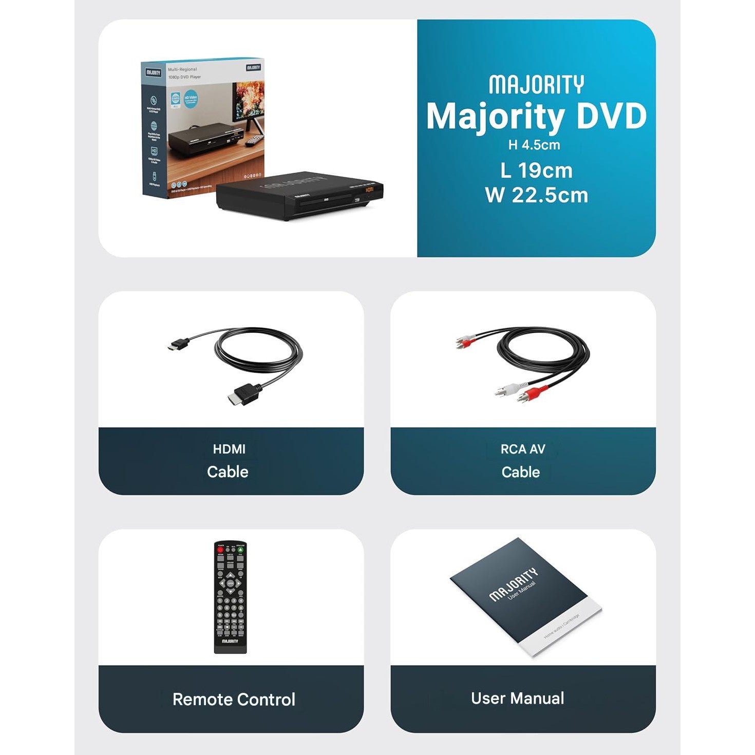 DVD Player pentru TV, compatibil toate regiunile, HDMI cu Upscaling Full HD 1080p, redare USB si CD/DVD/MP3/JPEG, functie anti-soc, telecomanda si cablu HDMI incluse, negru