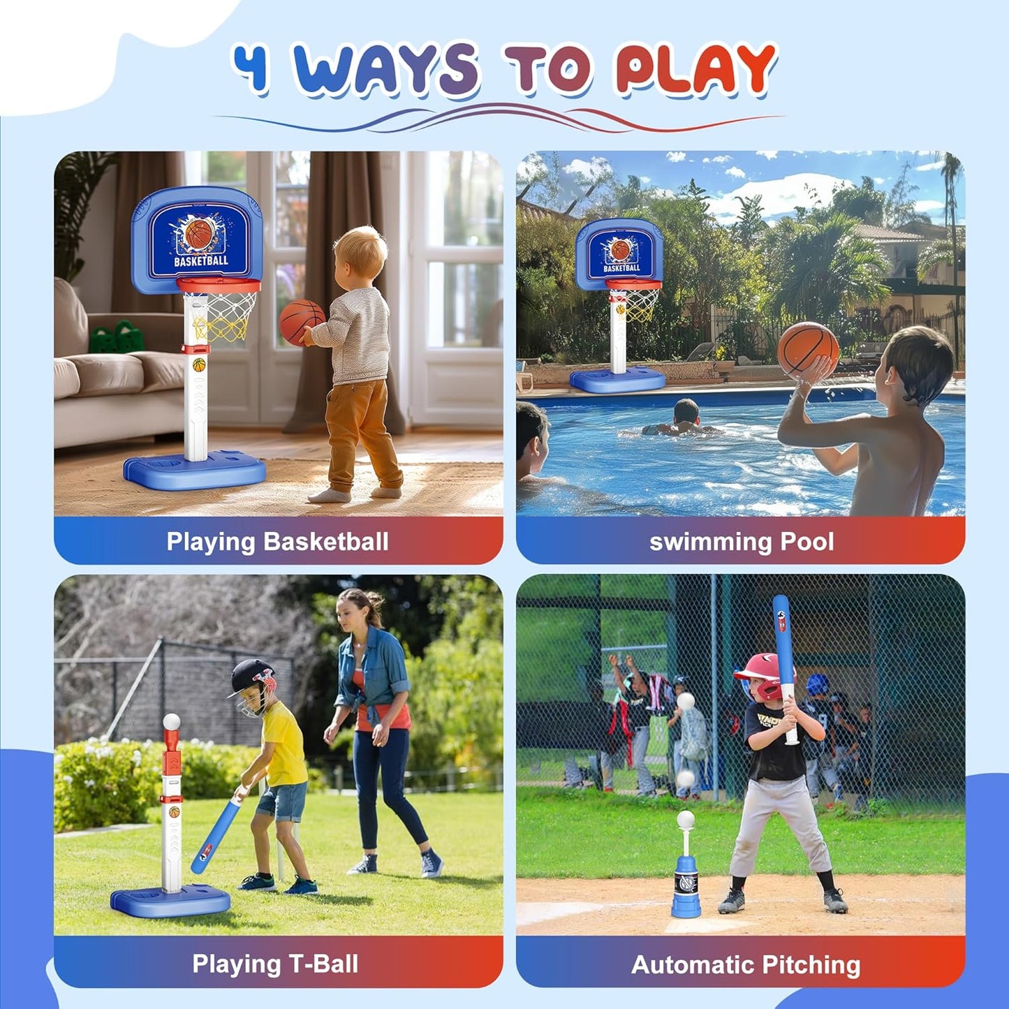 Set cos de baschet si baseball pentru copii 2 in 1 cu bata, baza de lansare, pompa, mingi, suport cu inaltime reglabila, baza stabila, pentru interior si interior, multifunctional