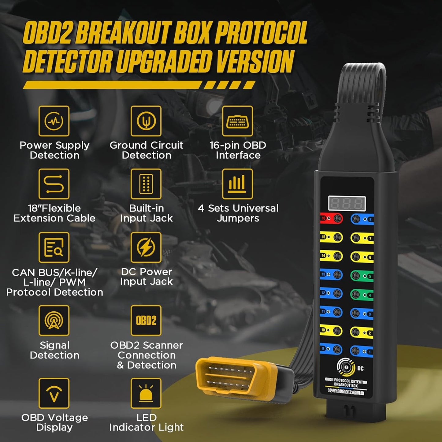 Detector protocol auto 16 pini Breakout Box OBD2, afisaj tensiune in timp real, cablu de 17, 7 inch, LED diagnostic, compatibil multimetru/osciloscop, instrument testare si diagnosticare auto OBDII