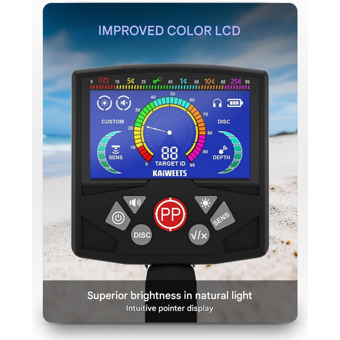Detector de metale profesional, 20 cm adancime detectare, cu afisaj LCD, impermeabil IP68, pliabil, tija reglabila de la 73 la 112 cm, KAIWEETS