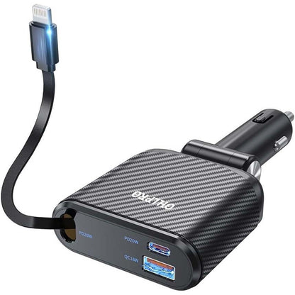 Incarcator auto 3 in 1 fast charge 58W cu cablu Lightning retractabil de 90 cm, port USB-C si port USB-A, iPhone 16, 15, 14, 13 Pro