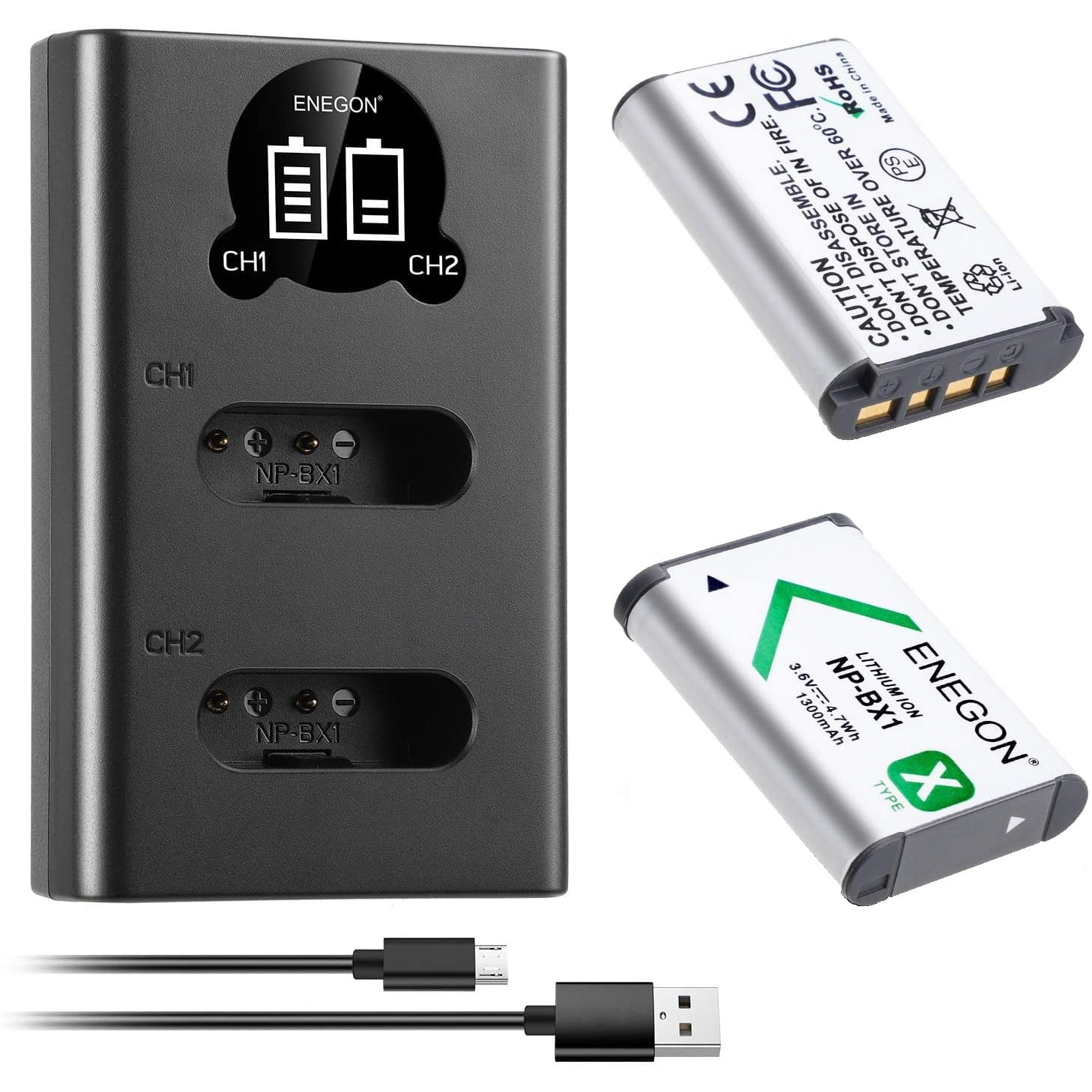 Set 2 acumulatori NP-BX1, 1300mAh, cu incarcator dublu cu LCD, pentru Sony ZV-1, Cyber-Shot DSC-RX100, DSC-RX100 II/III/M4/M5/M6/M7/I’/I’clo/VA, DSC-RX100M II, HDR-CX405