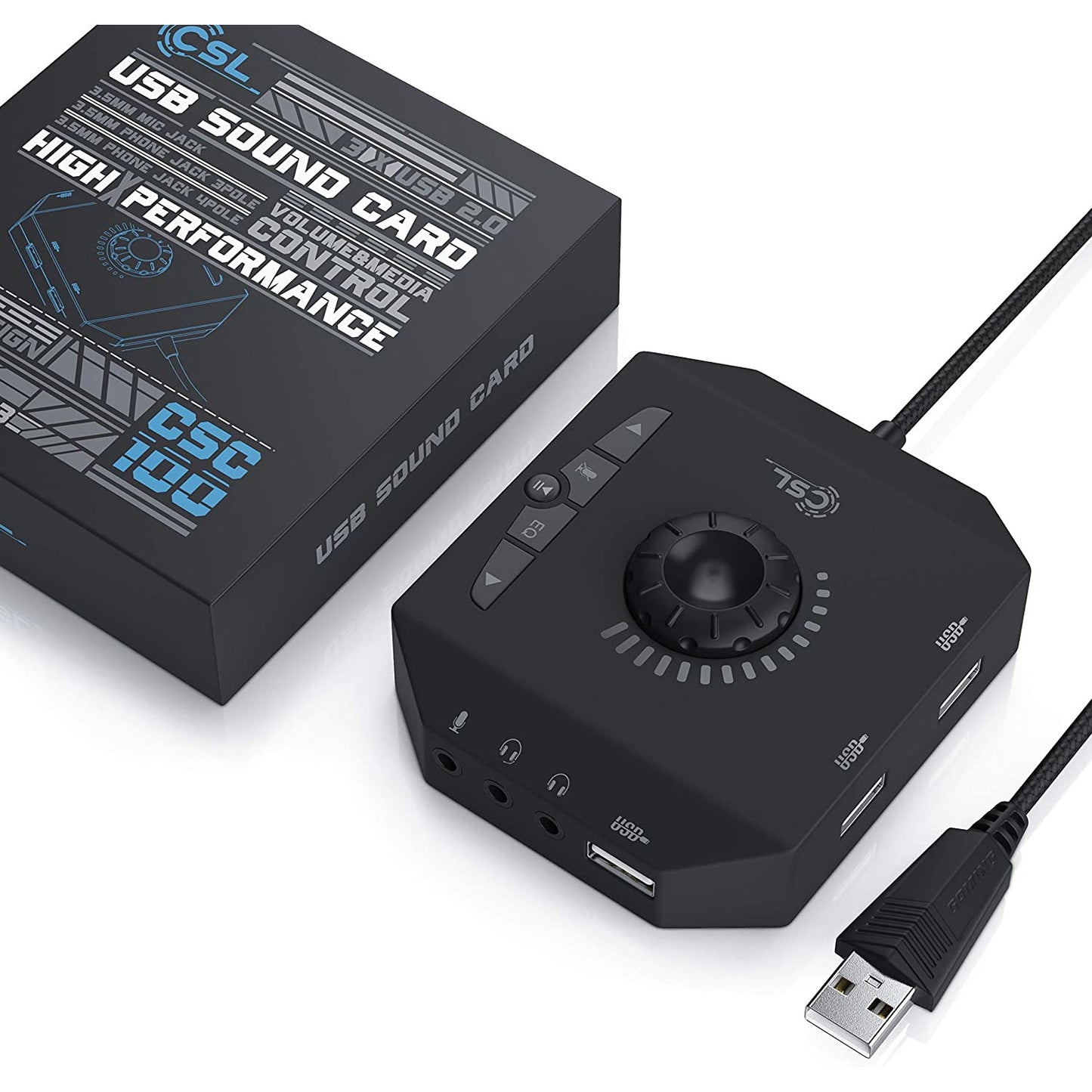 Placa de sunet externa CSL USB 3 in 1 amplificator, terminal conectare casti si Hub USB, cu egalizator si rotita volum