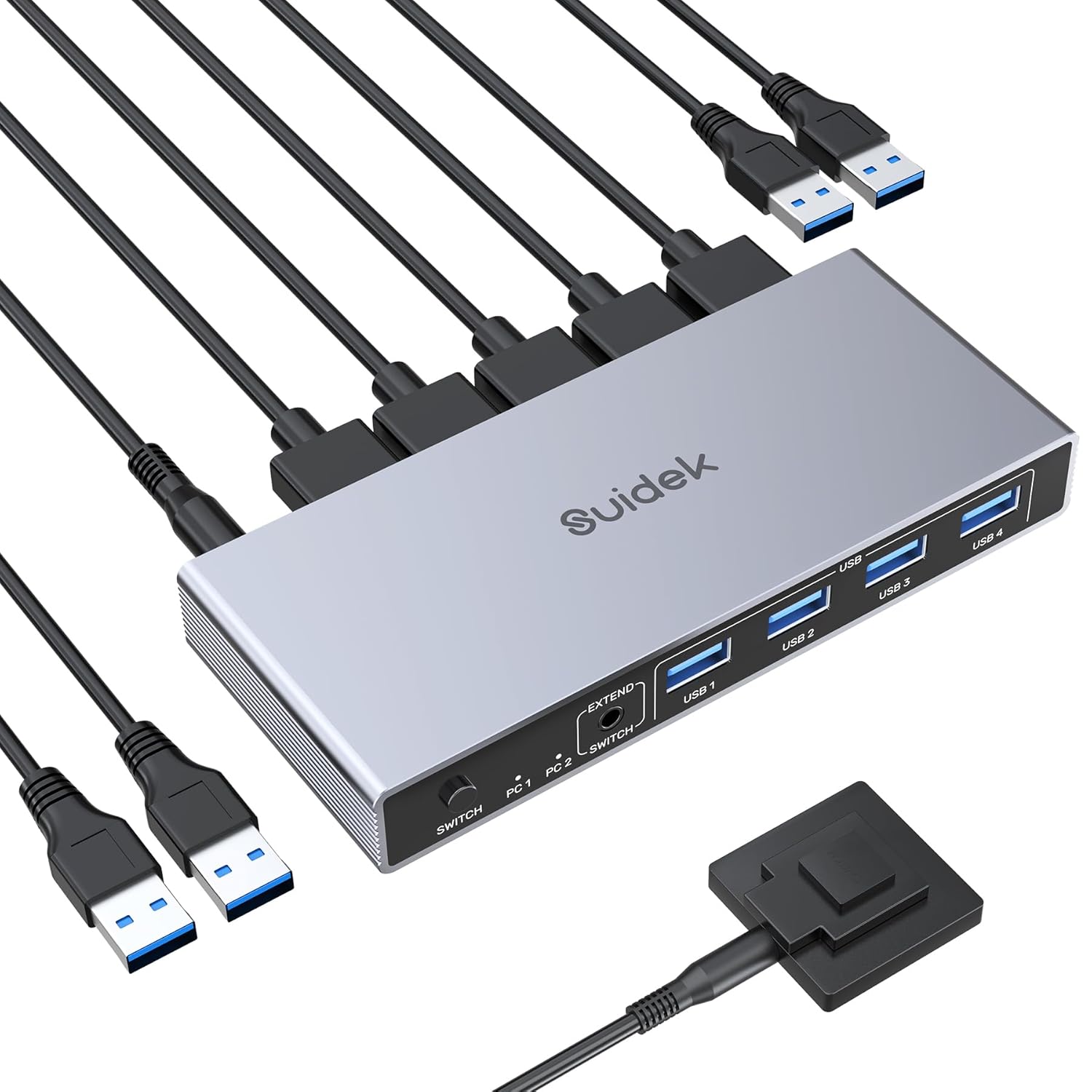 Switch KVM DisplayPort, Hub Adaptor pentru 2 computere si 1 monitor, 8K @ 60Hz, 4 porturi USB, cu controler desktop, 2 cabluri USB si sursa de alimentare