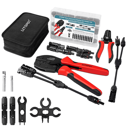 Kit de sertizare cablu solar 2.5/4/6 mm² cu cleste de sertizat si cleste de dezizolat, cu 12 conectori MC4 si 2 conectori splitter, geanta de transport si chei speciale