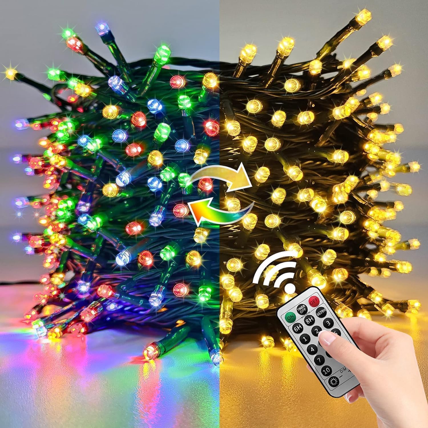 Instalatie brad Craciun LED pentru interior si exterior, de 20 metri, cu telecomanda, alb cald si multicolor, luminozitate reglabila, 11 moduri iluminare, impermeabil IP44
