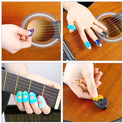 Set de accesorii pentru chitara 60 de piese, cu tuner, capodastru, string winder, corzi pentru chitara, pini, pene, protectii pentru degete, pene tip gheara