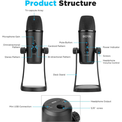 Microfon cu condensator BOYA BY-PM700, cu buton selectie polaritate Cardioid/Bidirectional/Omnidirectional/Stereo, cu stand, buton mute, iesire casti si surub mama 5/8", pentru PC