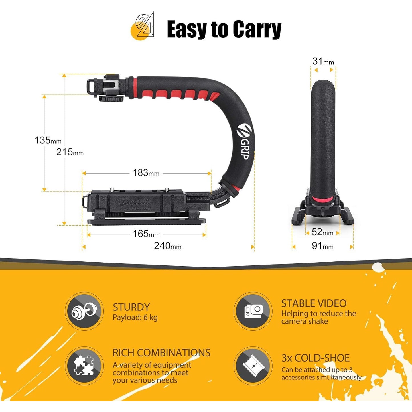 Stabilizator imagine Zeadio in forma de U, universal, cu suruburi 1/4-20 si hot shoe, greutate redusa, pentru smartphone, camera de actiune, DSLR, camera foto, camera video, Canon, Nikon, Sony, Panasonic, Pentax, Olympus