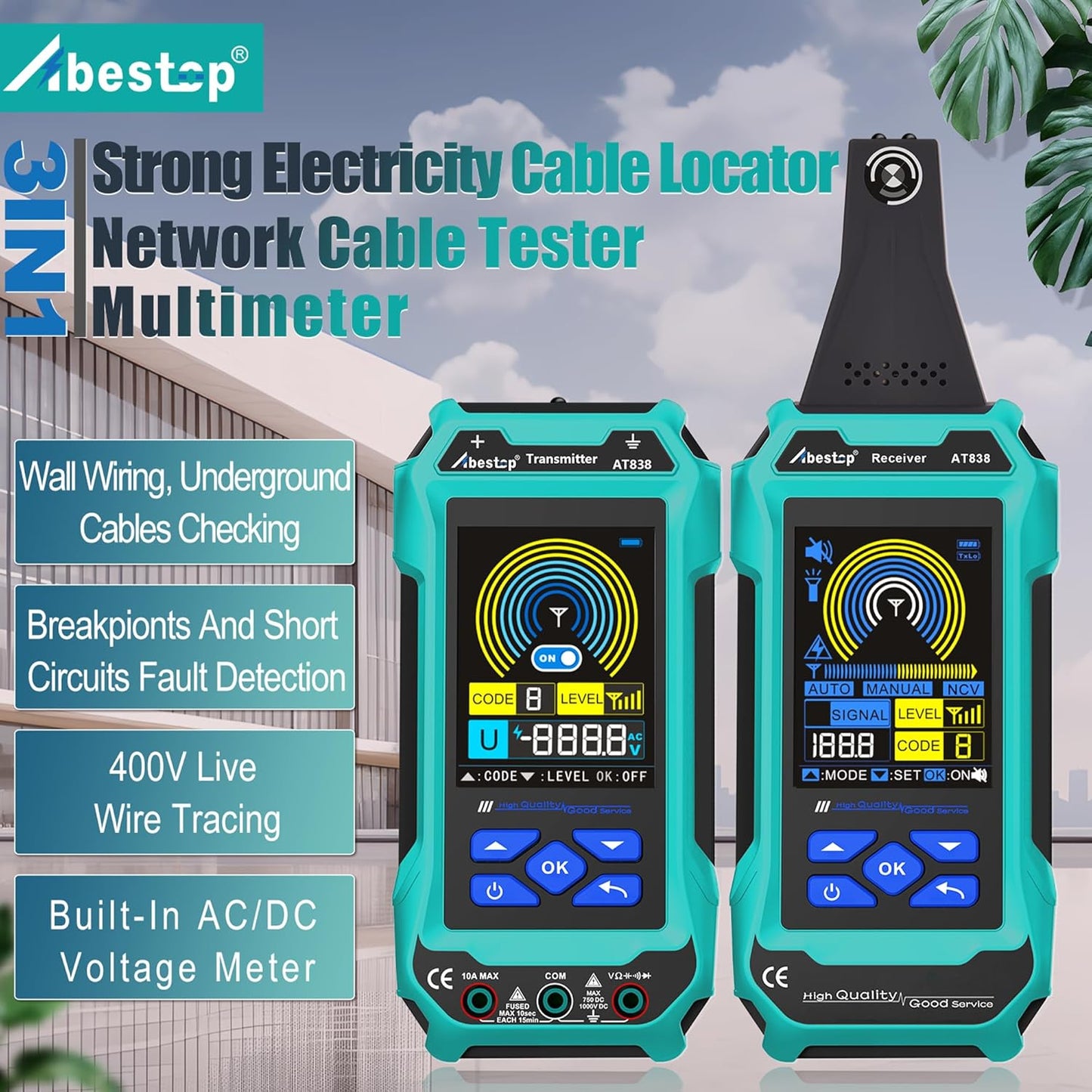 Localizator de cablu AT838 Abestop, localizator de circuite cu functie multimetru, fire/cablu subteran, detectarea traseului conductei de apa/gaz pentru multi-tester