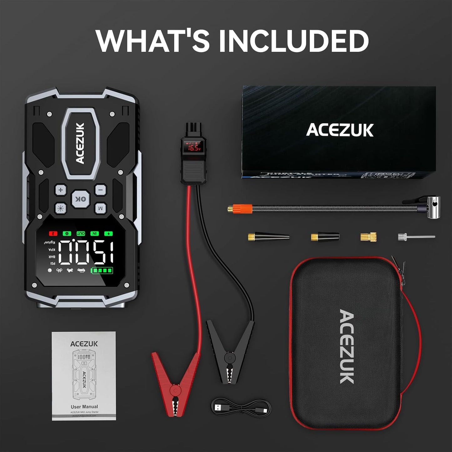 Starter auto portabil, Jump Starter 2 in 1 cu compresor aer, 6000 A, 26800 mAh, functie powerbank, 2 USB-a si 1 USB-C, display LCD, lanterna LED, multifunctional