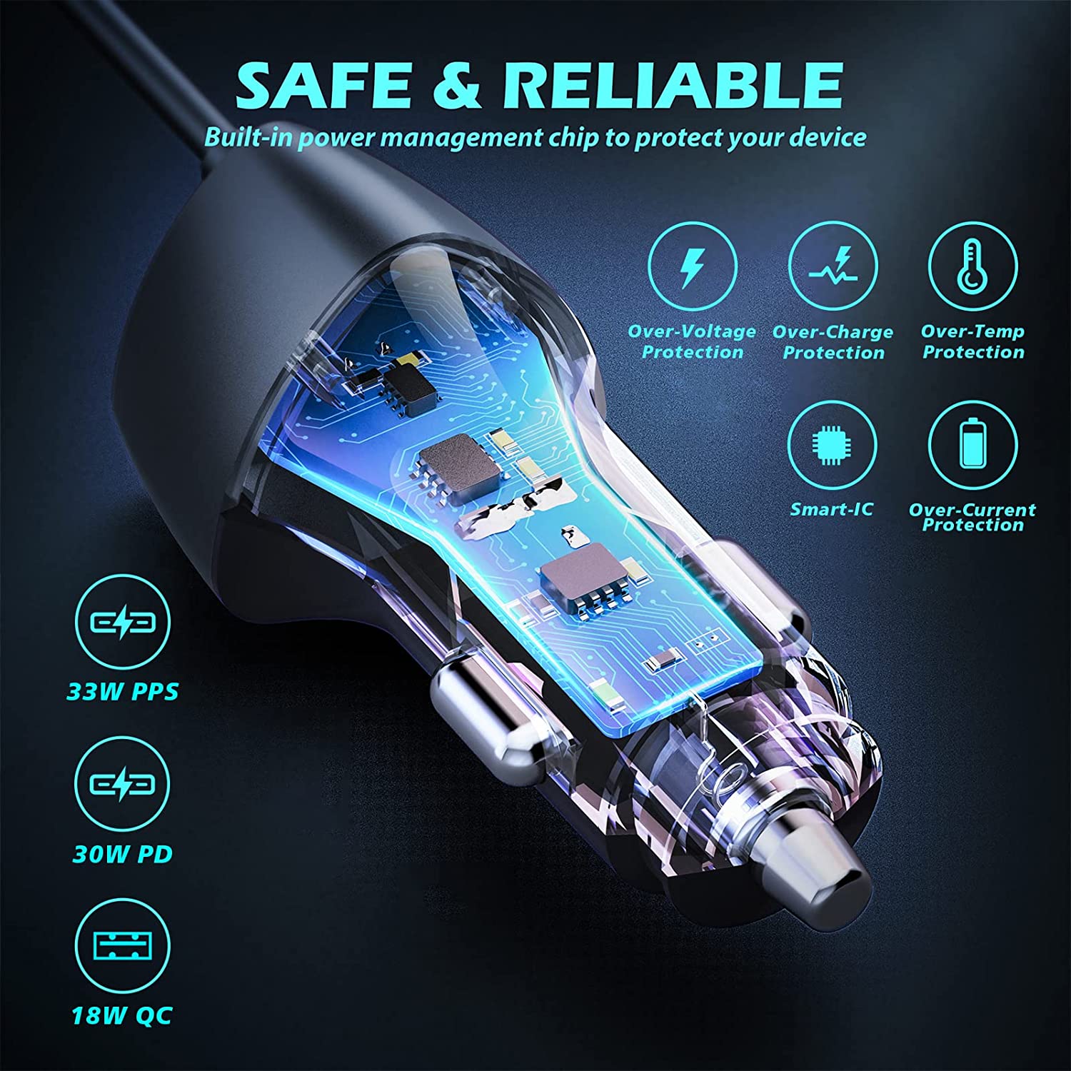 Incarcator auto fast charge 51W 12V~24V, PD&QC&PPS, cu cablu USB C 180 cm integrat, pentru iPhone 13/Xiaomi redmi Note 11/11s/Samsung/Huawei, Android, IOS