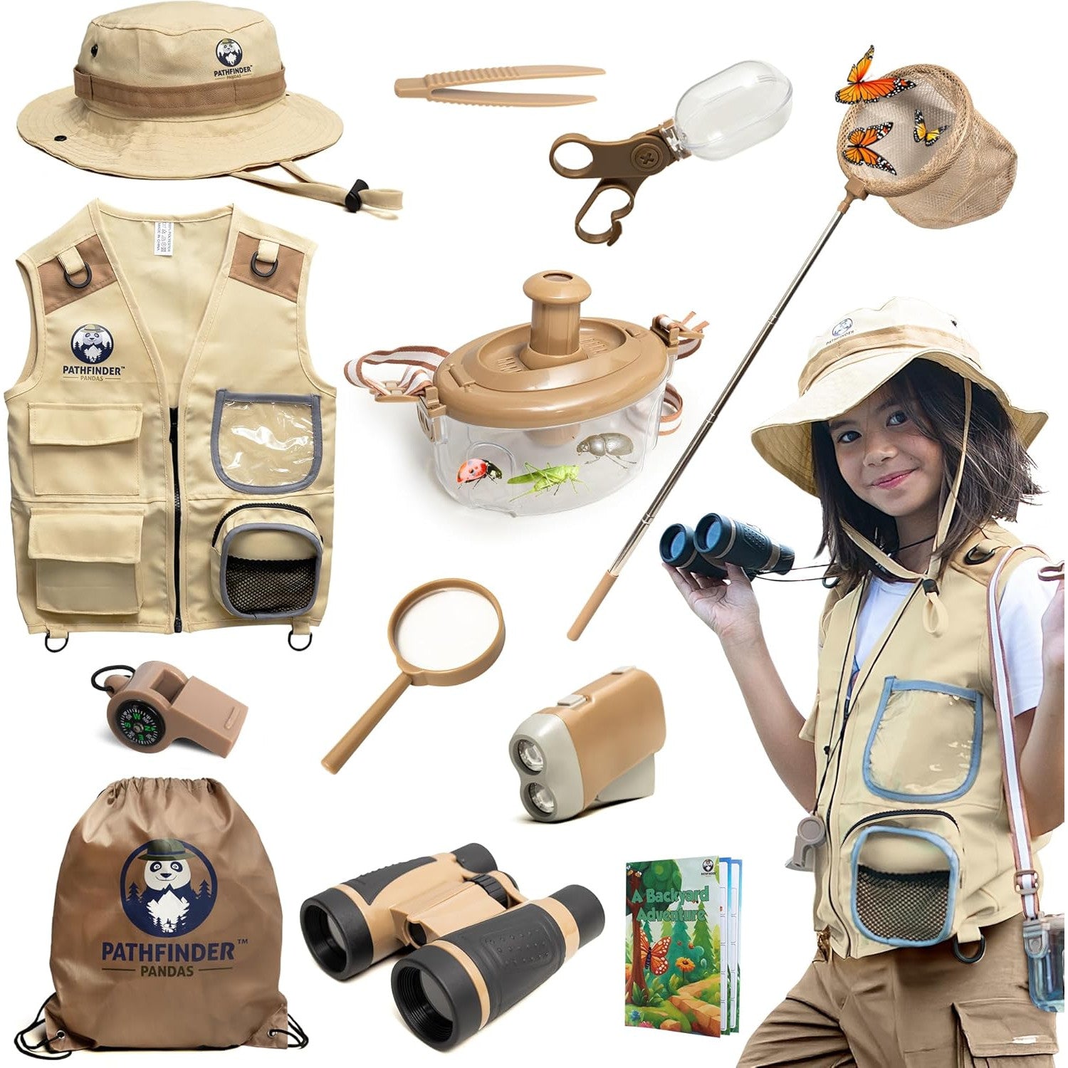 Set explorator safari pentru copii 4+ ani, kit cercetator si aventura in natura cu vesta safari, palarie, binoclu, lupa cu cupa, plasa pentru fluturi, cutie insecte, lanterna, fluier, penseta si rucsac, jucarie educativa de exterior, marime mare