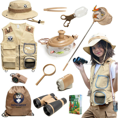Set explorator safari pentru copii 4+ ani, kit cercetator si aventura in natura cu vesta safari, palarie, binoclu, lupa cu cupa, plasa pentru fluturi, cutie insecte, lanterna, fluier, penseta si rucsac, jucarie educativa de exterior, marime mare