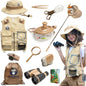 Set explorator safari pentru copii 4+ ani, kit cercetator si aventura in natura cu vesta safari, palarie, binoclu, lupa cu cupa, plasa pentru fluturi, cutie insecte, lanterna, fluier, penseta si rucsac, jucarie educativa de exterior, marime mare