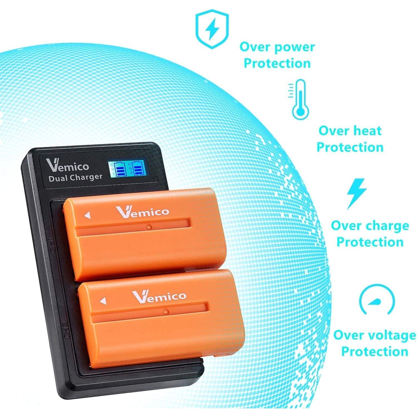 Set 2 acumulatori si incarcator cu LCD Vemico, NP-F550 3000 mAh , cablu USB tip C, baterie de schimb pentru camera NP F970 / F960 / F770 / F750 / F570 / F550 / F530 / F330 / CCD-SC55 / TR516 / TR716 / TR818 / TR910 / TR917 / TR940