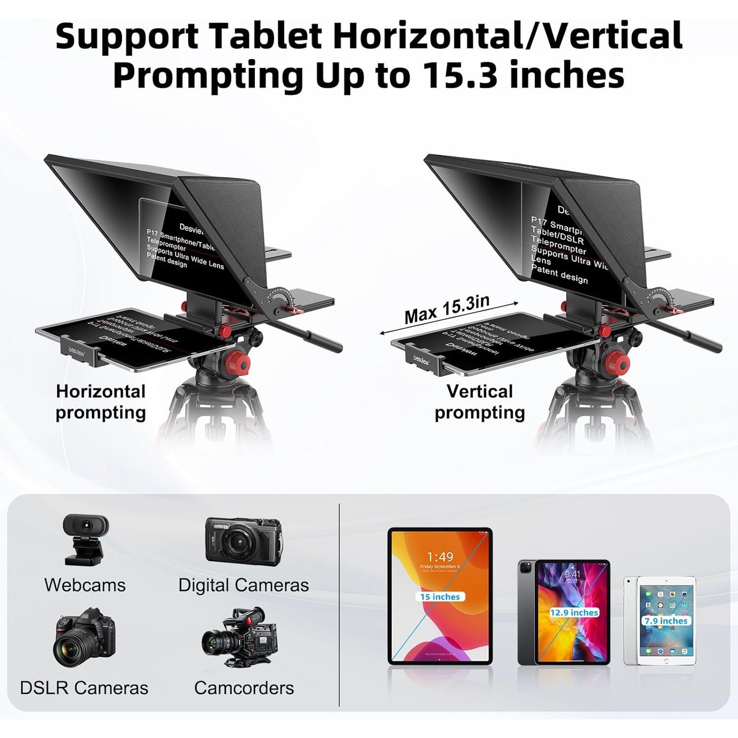 Kit teleprompter de 15 inch, pentru camere DSLR, cu telecomanda, compatibil cu smartphone si tableta pana la 15.3 inch, din metal, din metal, cu montura 1/4 inch si geanta de depozitare si transport