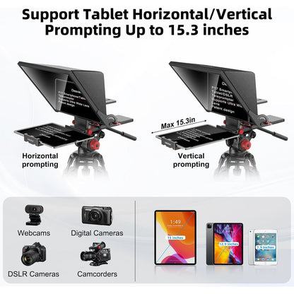 Kit teleprompter de 15 inch, pentru camere DSLR, cu telecomanda, compatibil cu smartphone si tableta pana la 15.3 inch, din metal, din metal, cu montura 1/4 inch si geanta de depozitare si transport