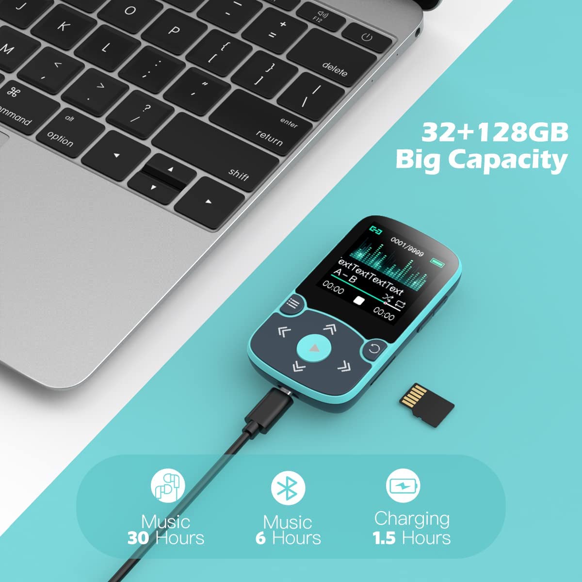MP3 Player 32 Gb Agptek cu Bluetooth 5.0, cu ecran 1,5 inch, cu clema de prindere, Radio FM, inregistrare, alarma, cronometru, accepta card pana la 128 Gb