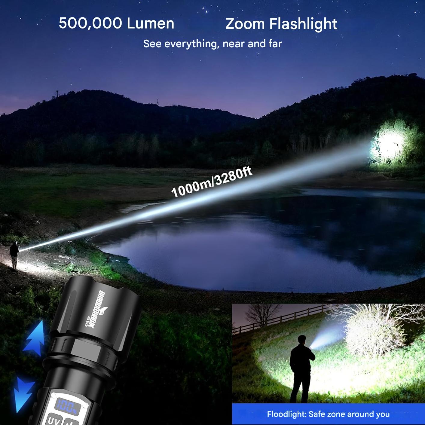 Lanterna 2 in 1 LED/UV reincarcabila 500.000 lumeni cu zoom, 4 moduri, afisaj LCD, reglare intensitate, powerbank, IP67 – Ideala pentru camping, pescuit, inspectii, negru, clasa energetica A