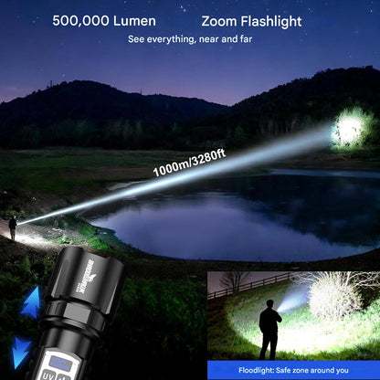 Lanterna 2 in 1 LED/UV reincarcabila 500.000 lumeni cu zoom, 4 moduri, afisaj LCD, reglare intensitate, powerbank, IP67 – Ideala pentru camping, pescuit, inspectii, negru, clasa energetica A