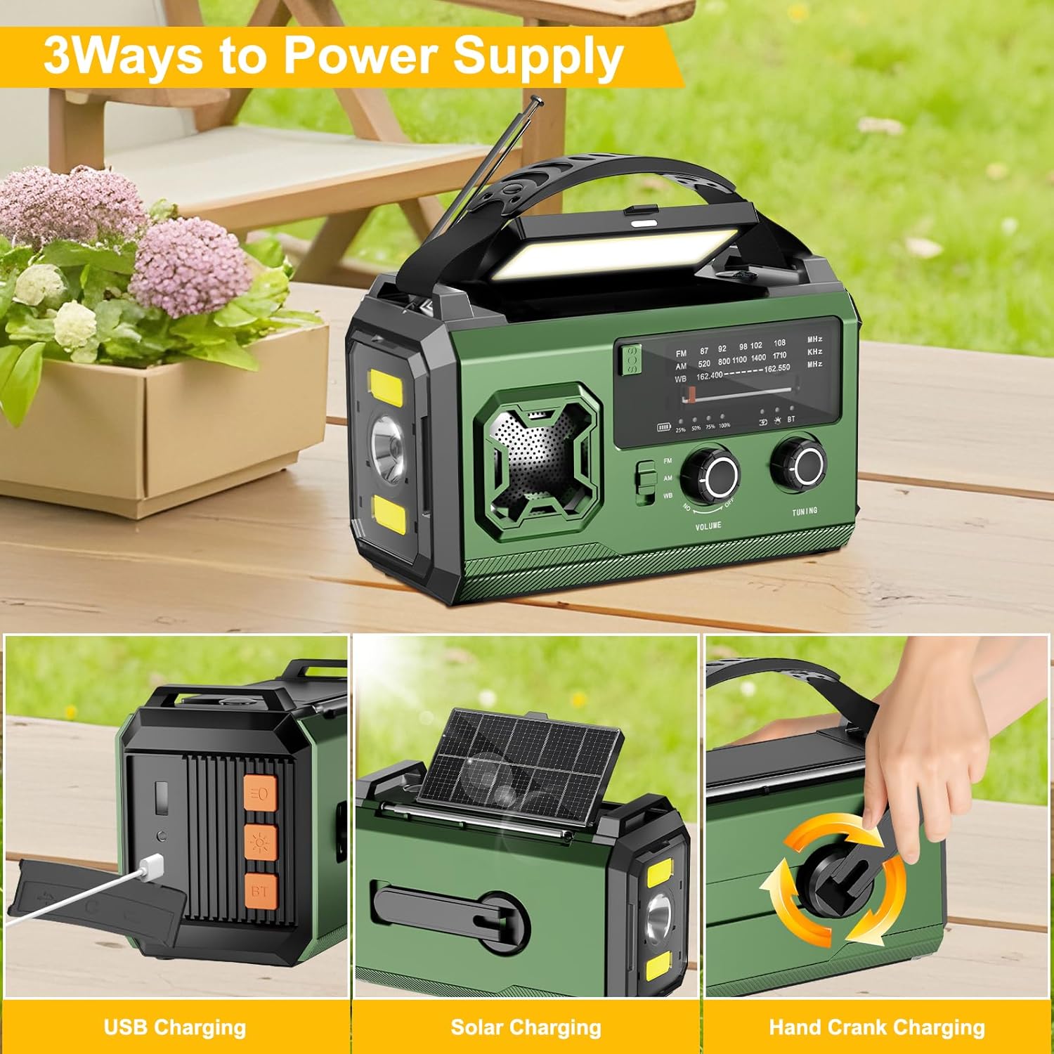 Radio portabil de urgenta cu manivela si panou solar, 27000 mAh, FM/AM, lanterna LED, alarma SOS, busola, functie power bank, USB-C, Bluetooth, verde