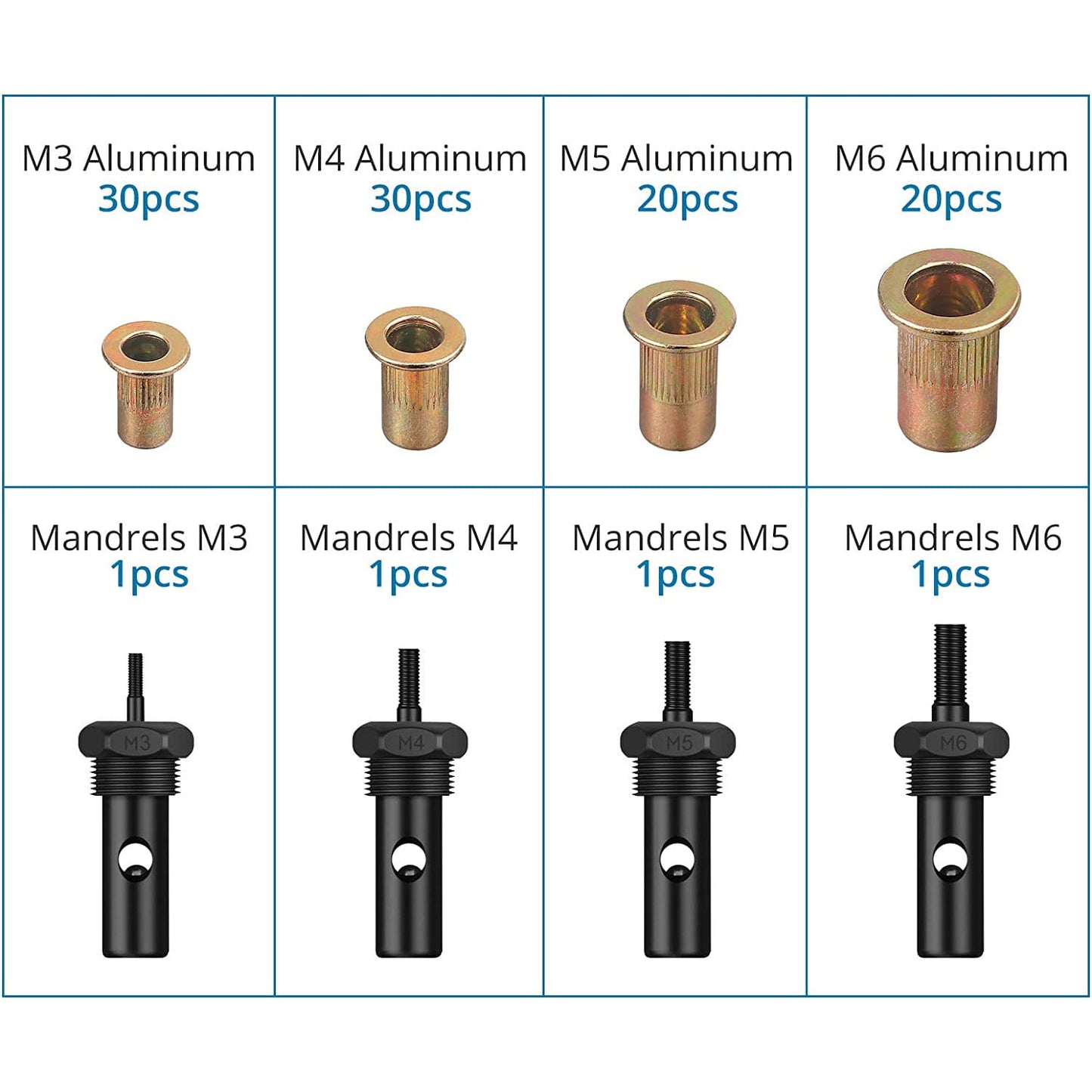 Set cleste pentru nituit piulite nituibile, cu mandrine M3, M4, M5, M6 si 100 de nituri, cleste 200 mm din otel cu maner din TPR