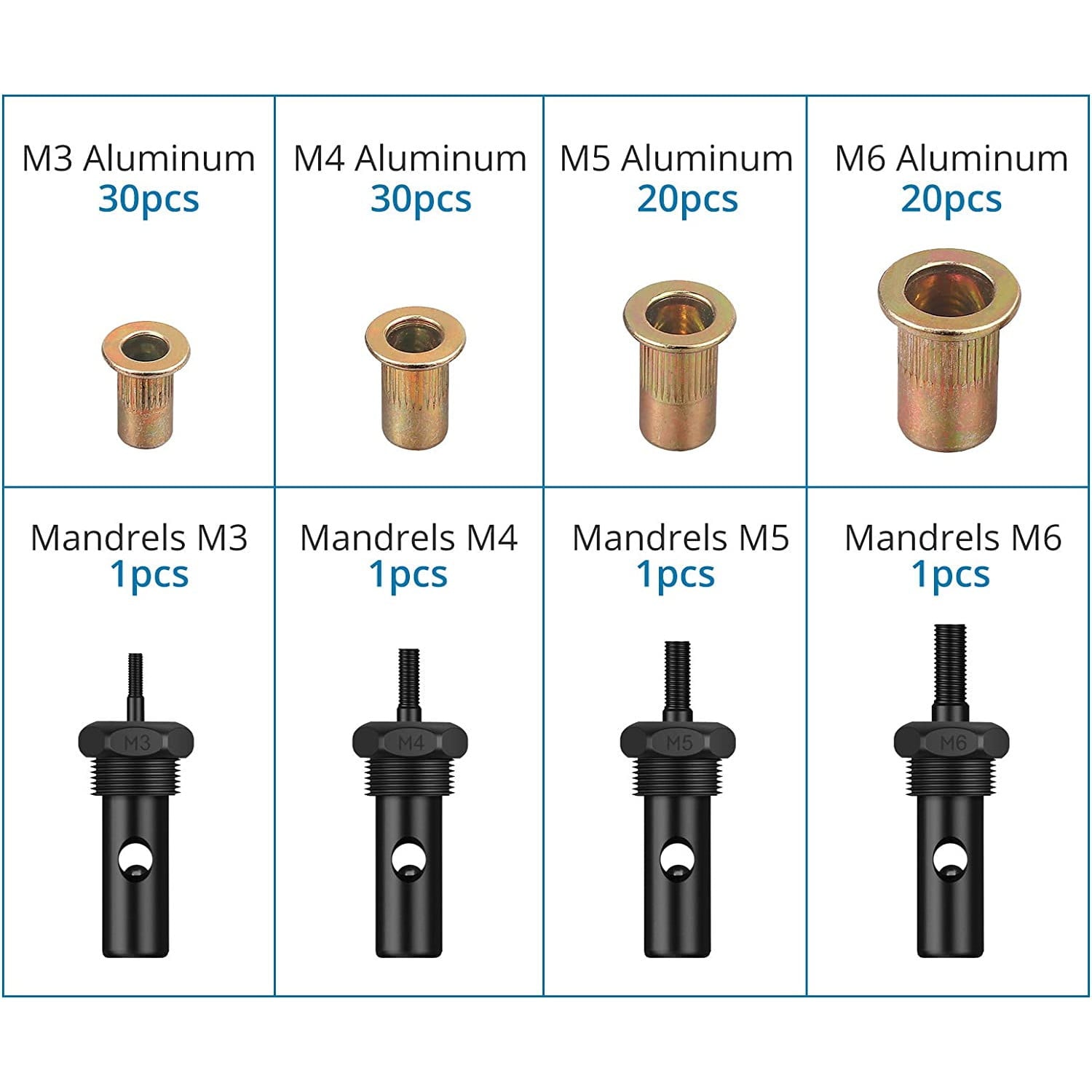 Set cleste pentru nituit piulite nituibile, cu mandrine M3, M4, M5, M6 si 100 de nituri, cleste 200 mm din otel cu maner din TPR