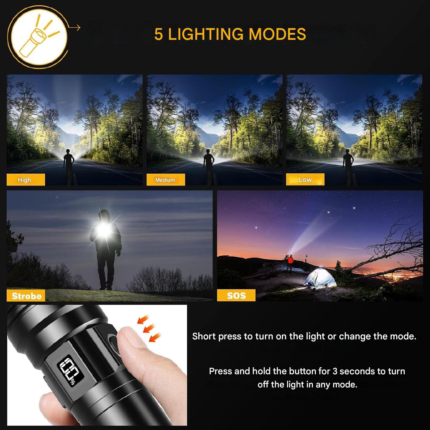 Set lanterna tactica LED cu lanterna UV mini si lampa de citit, lanterna reincarcabila din aluminiu, cu afisaj digital, impermeabila IPX6, iesire USB, in cutie de transport si depozitare