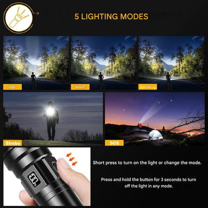 Set lanterna tactica LED cu lanterna UV mini si lampa de citit, lanterna reincarcabila din aluminiu, cu afisaj digital, impermeabila IPX6, iesire USB, in cutie de transport si depozitare