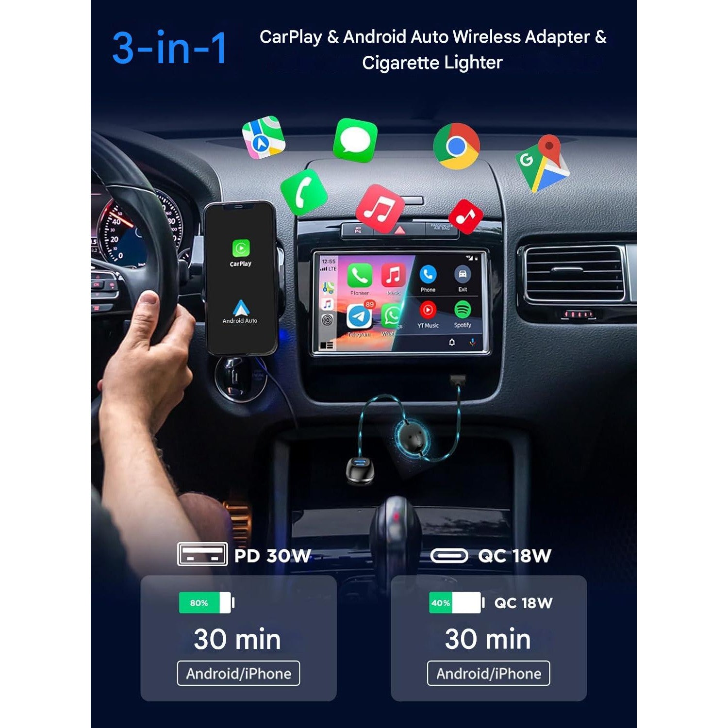 Incarcator auto 3 in 1 cu adaptor auto Apple Carplay si Android Auto, cu 48W Fast Charge USB-C PD si USB-A QC, suporta iPhone iOS 10+ si Android 11+, pentru masini dupa 2015, negru