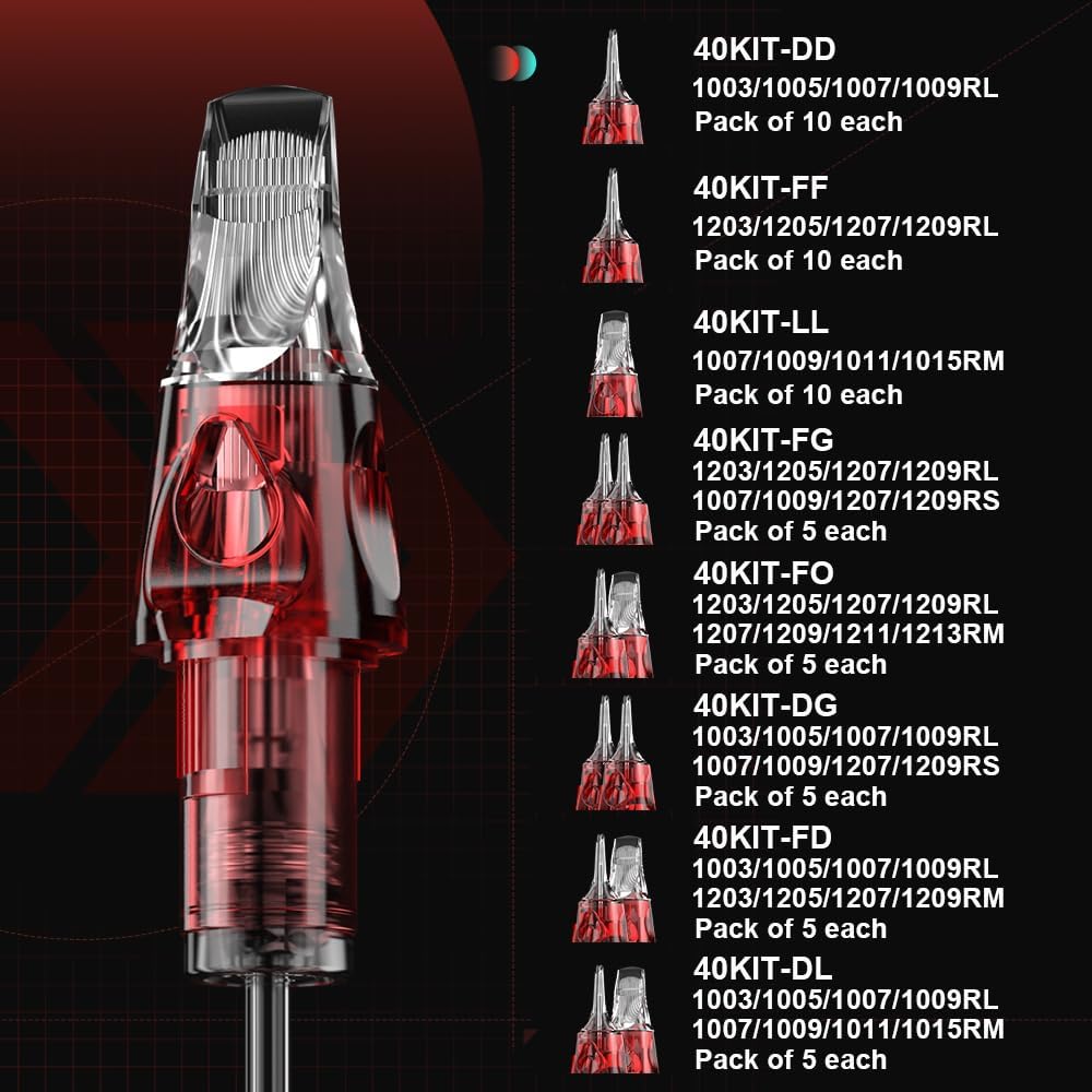 Set 40 ace de tatuat tip cartus, de 4 tipuri, 1003RL, 1005RL, 1007RL, 1009RL, 1007RS, 1009RS, 1207RS, 1209RS, din otel inoxidabil, pentru linii, contur, umplere, EN04X-40KIT-DG