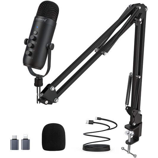 Set microfon condensator USB cu brat cu menghina, Profesional, Plug and Play, cardioid, butoane mute, control volum, control eco, compatibil PC, Smartphone, PS4, PS5, Tableta