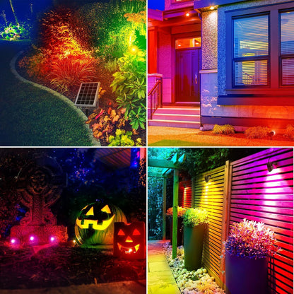 Set 6 lampi gradina cu panou solar, proiector cu LED RGB si telecomanda, acumulator 6000 mAh, impermeabila IP66, 12 moduri iluminare in 10 culori diferite, cu tarus si cablu de 20 metri lungime
