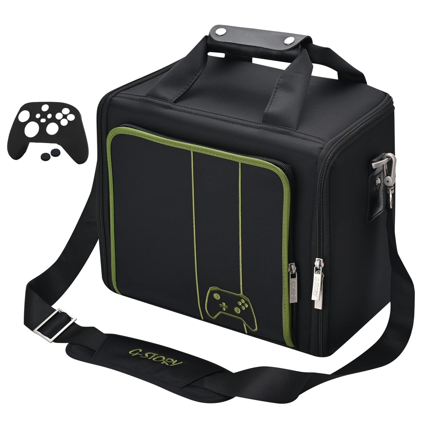 Geanta pentru Xbox Series X/S, cu skin controller, pliabila, cu pereti rigizi, maner si curea de umar, rezistenta la socuri, design ergonomic, pentru consola si accesorii, neagra