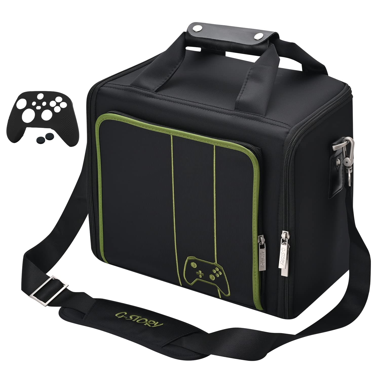 Geanta pentru Xbox Series X/S, cu skin controller, pliabila, cu pereti rigizi, maner si curea de umar, rezistenta la socuri, design ergonomic, pentru consola si accesorii, neagra
