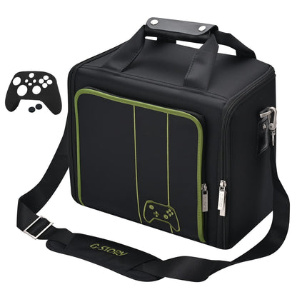 Geanta pentru Xbox Series X/S, cu skin controller, pliabila, cu pereti rigizi, maner si curea de umar, rezistenta la socuri, design ergonomic, pentru consola si accesorii, neagra