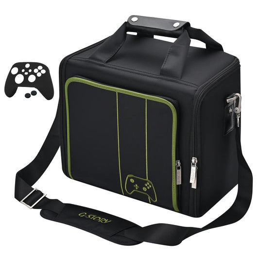 Geanta pentru Xbox Series X/S, cu skin controller, pliabila, cu pereti rigizi, maner si curea de umar, rezistenta la socuri, design ergonomic, pentru consola si accesorii, neagra