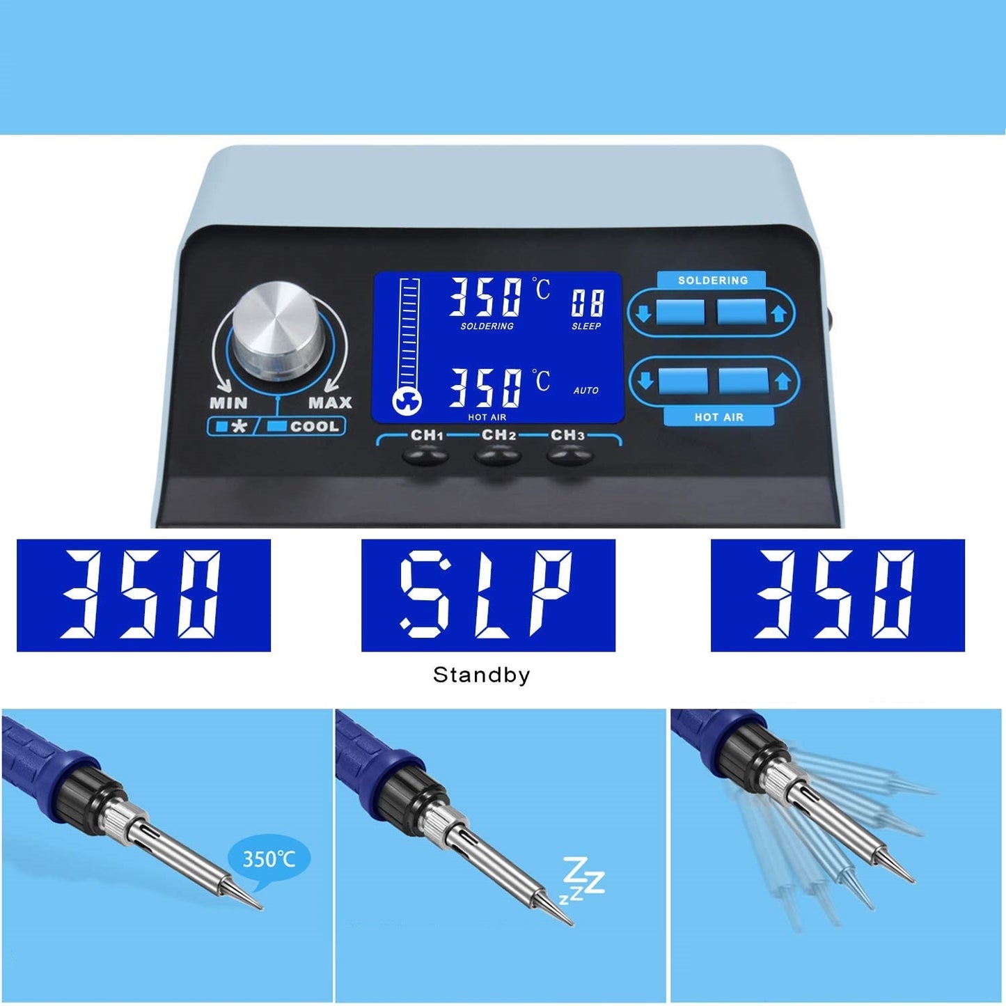 Statie de lipit si dezlipit profesionala 750W Preciva 992D cu aer cald pentru dezlipire, cu display LCD, temperatura reglabila si functie memorie