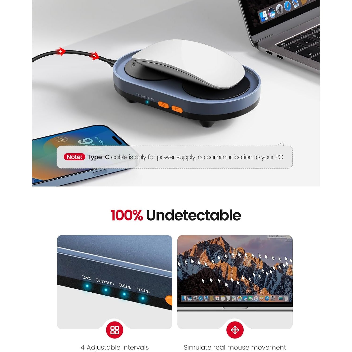 Mouse Jiggler Vaydeer, Plug & Play, dispozitiv miscare automata mouse, nedetectabil, fara calibrare, vibratie silentioasa, simulare realista, interval reglabil, comutator ON/OFF