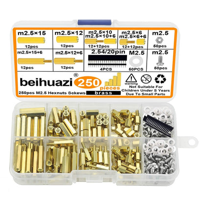Set distantiere hexagonale M2.5 mama-tata pentru placa PCB, placa de baza Rasberry Pi, din alama, cu suruburi si saibe din plastic, 250 piese