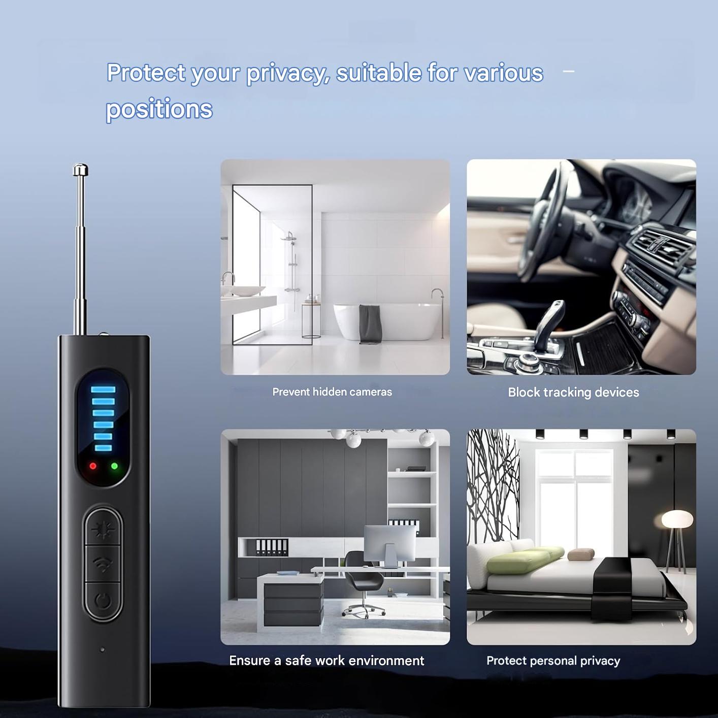 Detector profesional camere ascunse, aparate si dispozitive de spionaj, detector semnal RF, detectare tracker GPS, microfoane, baterie reincarcabila, compact, multifunctional